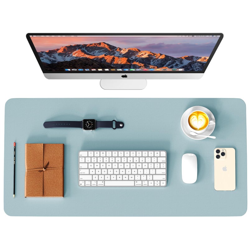WAYBER Leather Desk Pad Protector, Waterproof Mouse Pad, PU Desk Mat, Office Desk Cover, Desk Writing Mat for Office/Home/Work/Cubicle (Light Blue/Silver) 31.5x15.7in - Image 1